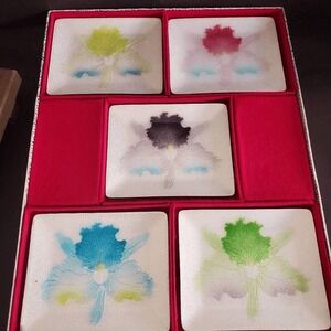 Kishiro‎ Japanese Cloisonne Enamel Orchid Sushi PlateSet of 5 White Floral 1950s